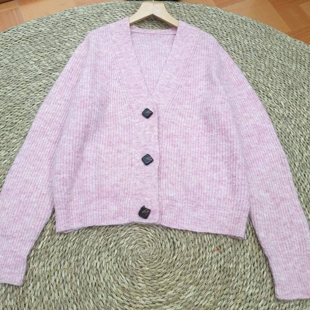 Pink Soft Knit Cardigan V-Neck Statement Button Sweater 🌸
